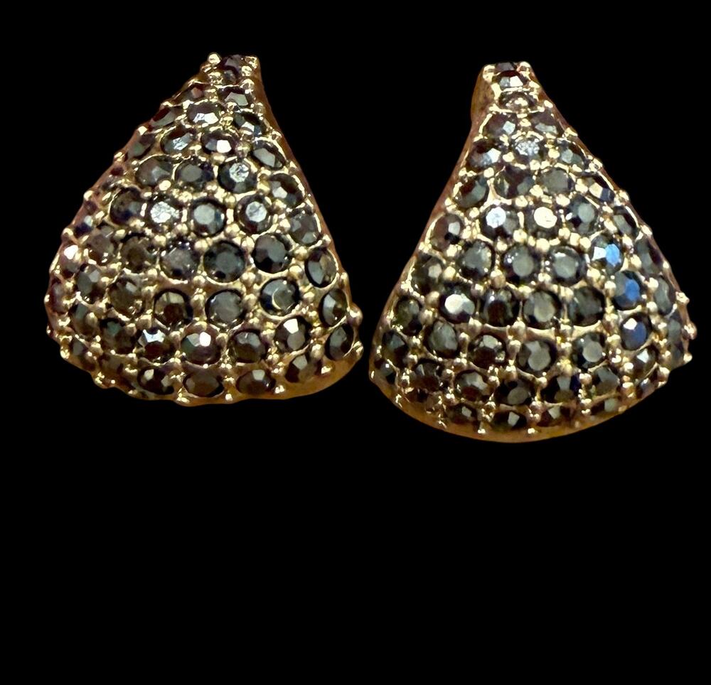 Vintage KF Black Crystal Pave Fan Dome Earrings 925 Sterling Gold Tone